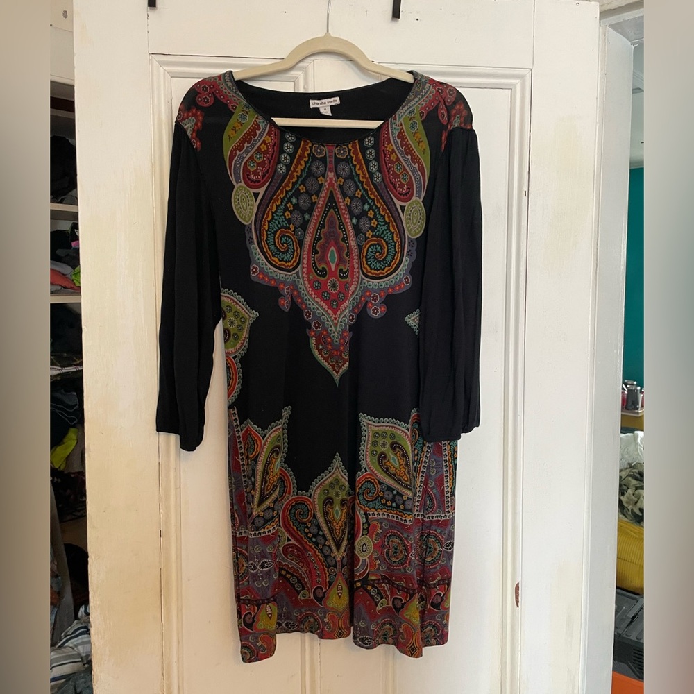 Flattering Black Dress with Multicolor Paisley